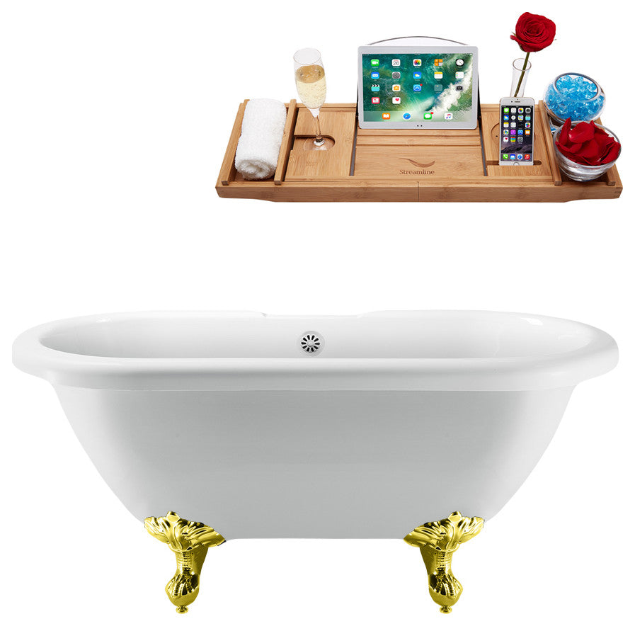 67" Streamline N1121GLD-WH Clawfoot Tub and Tray With External Drain