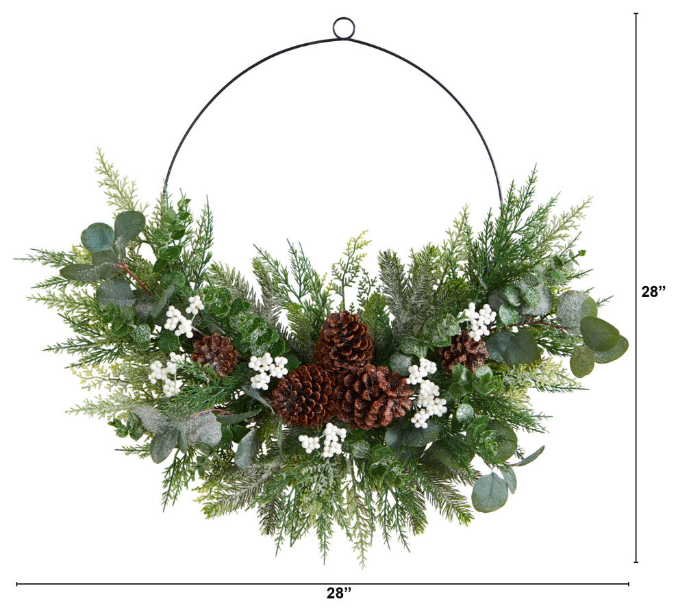 28" Christmas Pine, Eucalyptus, and Berries Metal Circlet Artificial Wreath