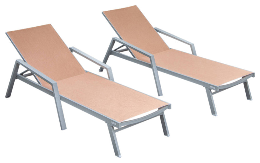 LeisureMod Marlin Patio Chaise Lounge Chair Gray Arms Set of 2, Light Brown