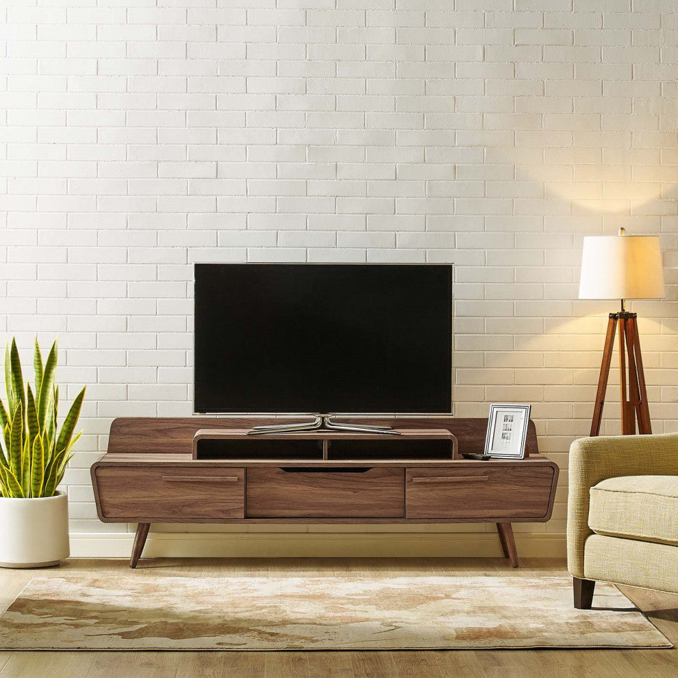 Modern Designer Lounge Media TV Stand Table, Wood, Natural Walnut Brown