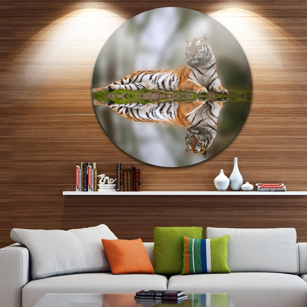 Tiger Reflecting In Water, Animal Photography Round Wall Art, 11"