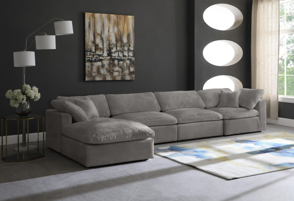 Cozy Velvet Upholstered Comfort L-Shaped Modular Sectional, Gray, 5-Piece: 2 Armless Chair, 2 Corner Chair, 1 Ottoman