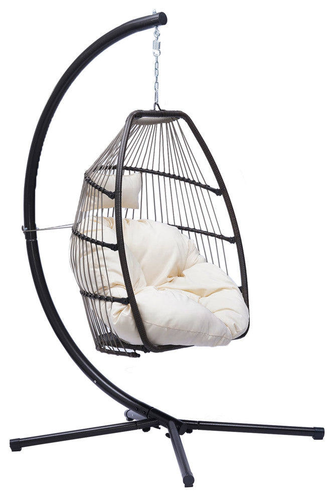 Outdoor Patio Wicker Folding Swing Chair Hanging With Bracket and Cushion Pillow