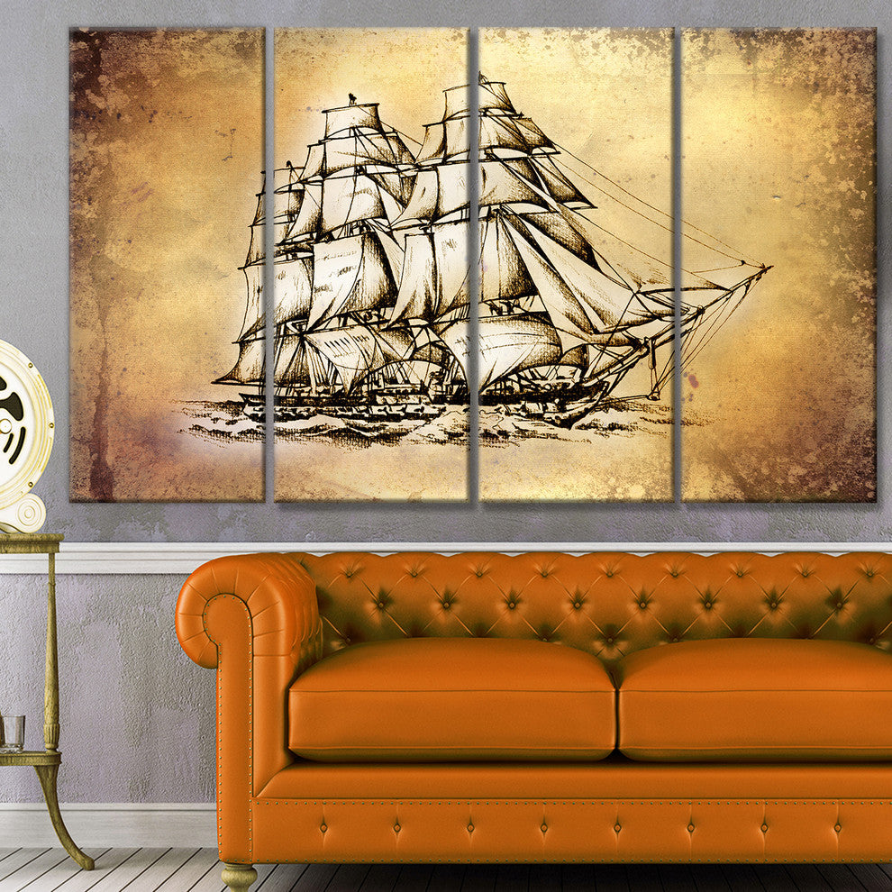 Moving Old Sailboat Drawing, Seashore Wall Art on Canvas, 48"x28", 4 Panels