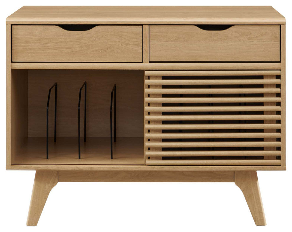 Vinyl Record Side Table Cabinet Stand, Brown Oak, Wood, Modern Lounge Cafe
