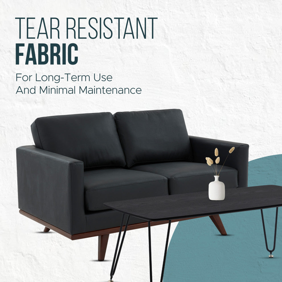 LeisureMod Chester Modern Leather Loveseat With Birch Wood Base, Black