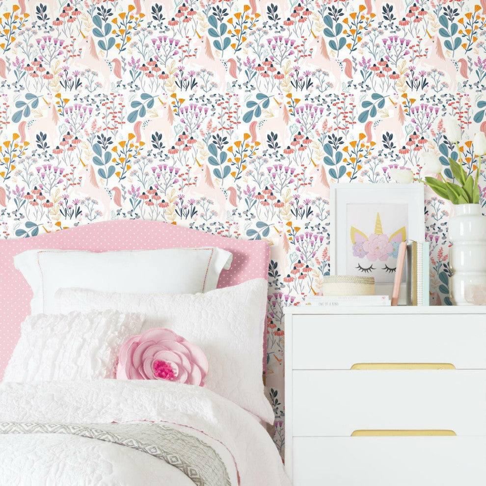 White & Pink Unicorn Paradise Peel & Stick Wallpaper