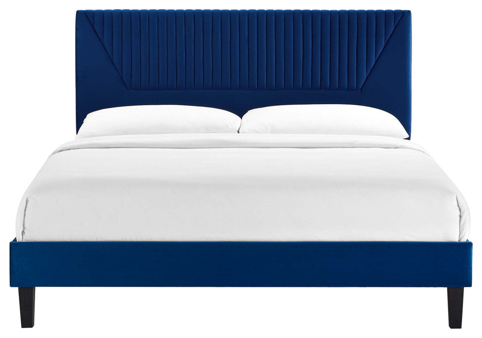 Yasmine Channel Tufted Performance Velvet Twin Platform Bed, Navy