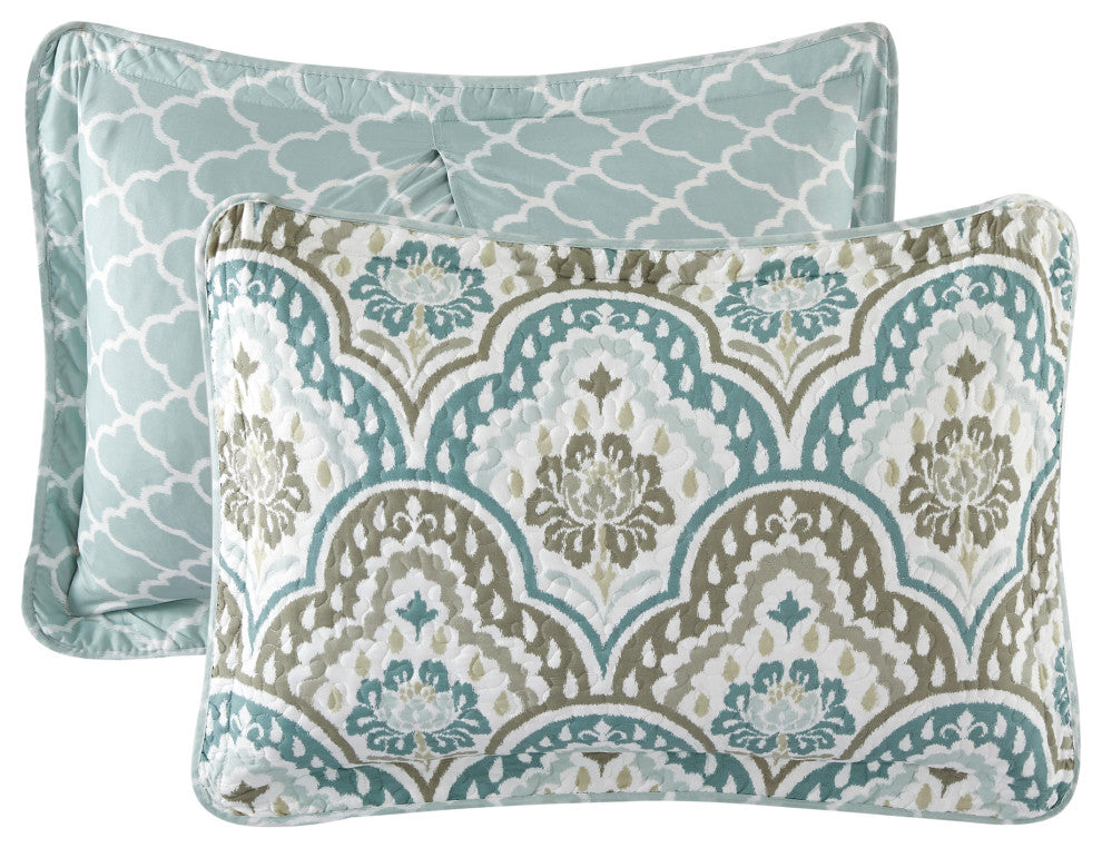 Tivoli Ikat Quilted 5 Piece Bed Spread Set, Teal Aqua, Floor Touching King