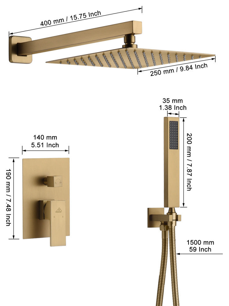 CASAINC 10 Inch Rain Shower Head with Handheld Spray Dual Head Shower System, Brushed Gold