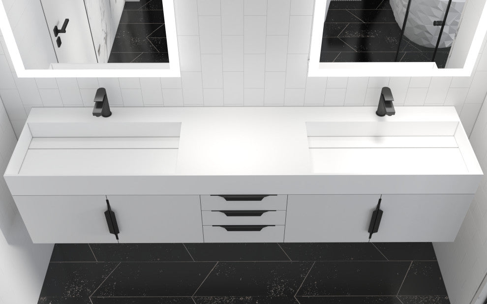 CastelloUSA Amazon 84" Wall Mounted Bathroom Vanity Set, White, White Top, Black Handles