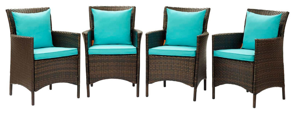 Side Dining Chair Armchair, Set of 4, Rattan, Wicker, Brown Blue, Outdoor