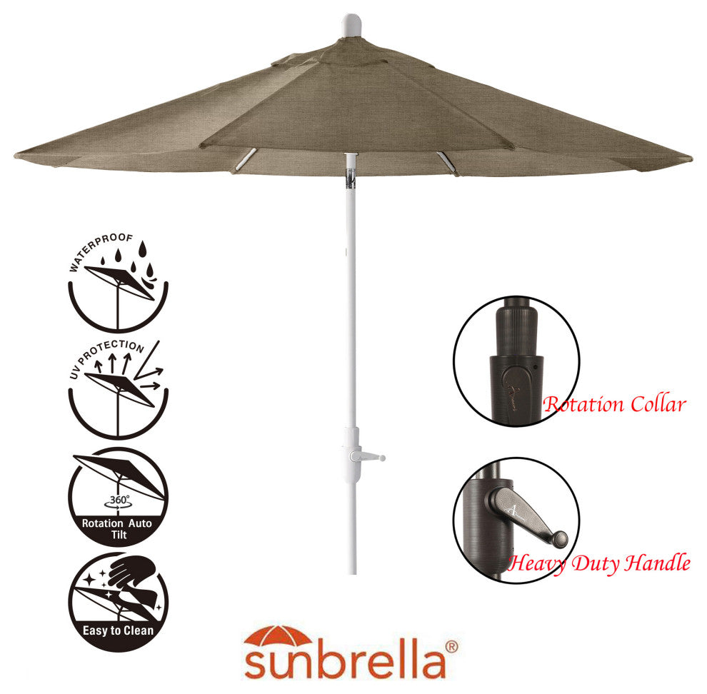 9' Round 360 Rotating Auto Tilt Umbrella, White, Sunbrella, Taupe