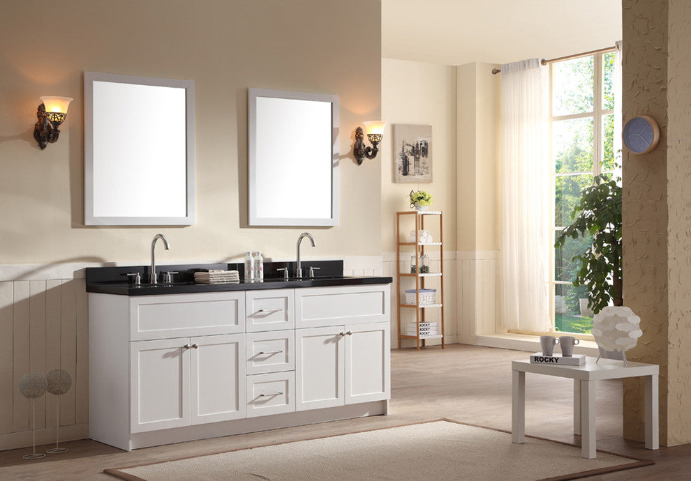 Hamlet 73" Double Sink Vanity Set With Absolute Black Granite Top, White