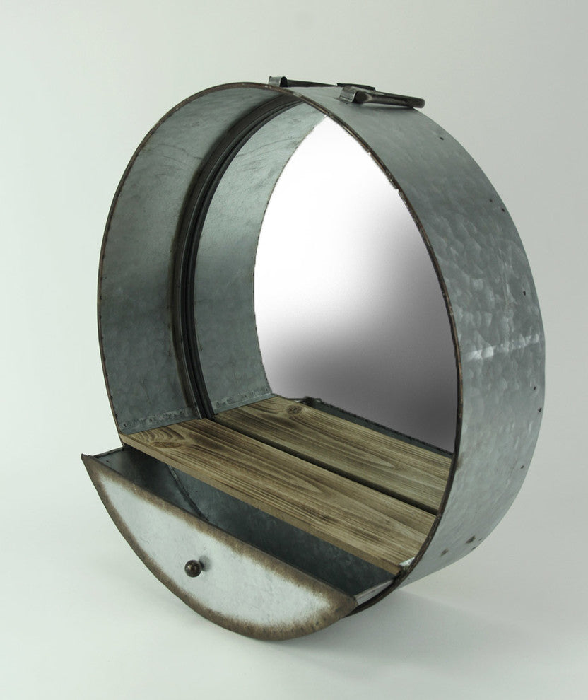 Rustic Galvanized Metal Tub Frame Round Wall Mirror with Drawer