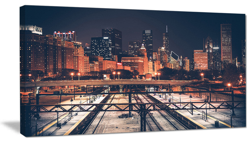 "Dark Chicago Skyline and Railroad" Canvas Print40"x20"