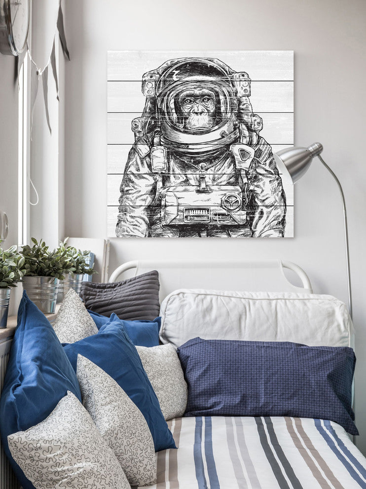 "Space Monkey" Painting Print on White Wood, 18x18