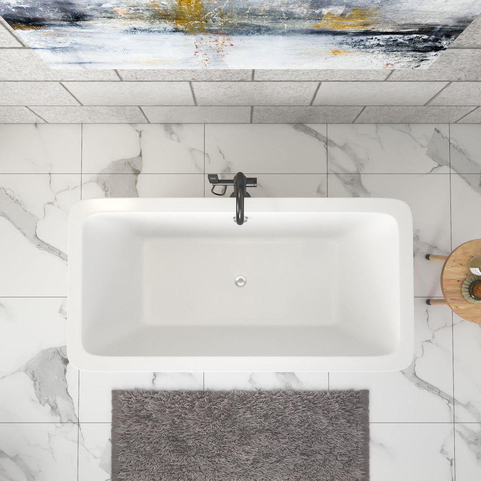 67 in. Acrylic Rectangular Flatbottom Freestanding Soaking Bathtub in White