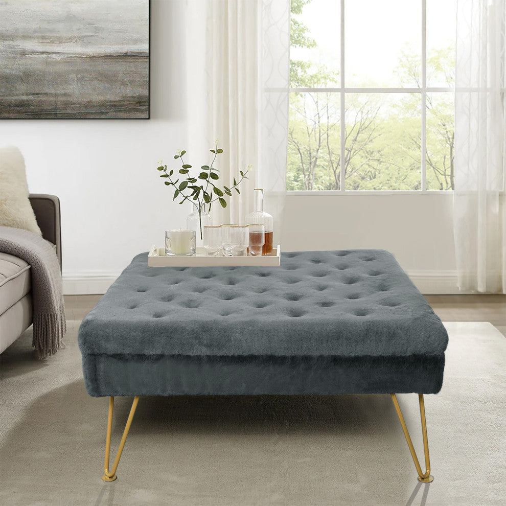 Rabbit Faux Fur Tufted Coffee Table, Gray Flannel, 33"x33"x18"