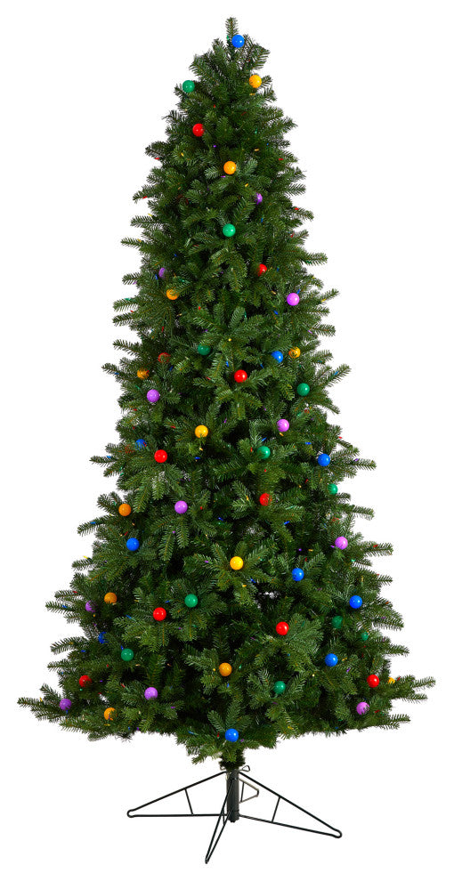 8.5' Montana Mountain Fir Faux Xmas Tree W/Multicolor Lights & Globe Bulbs