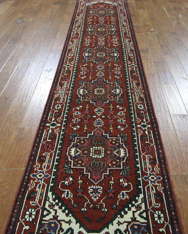 Hand-Knotted Red Heriz Serapi Floral Oriental Wool Rug, 3'x12'
