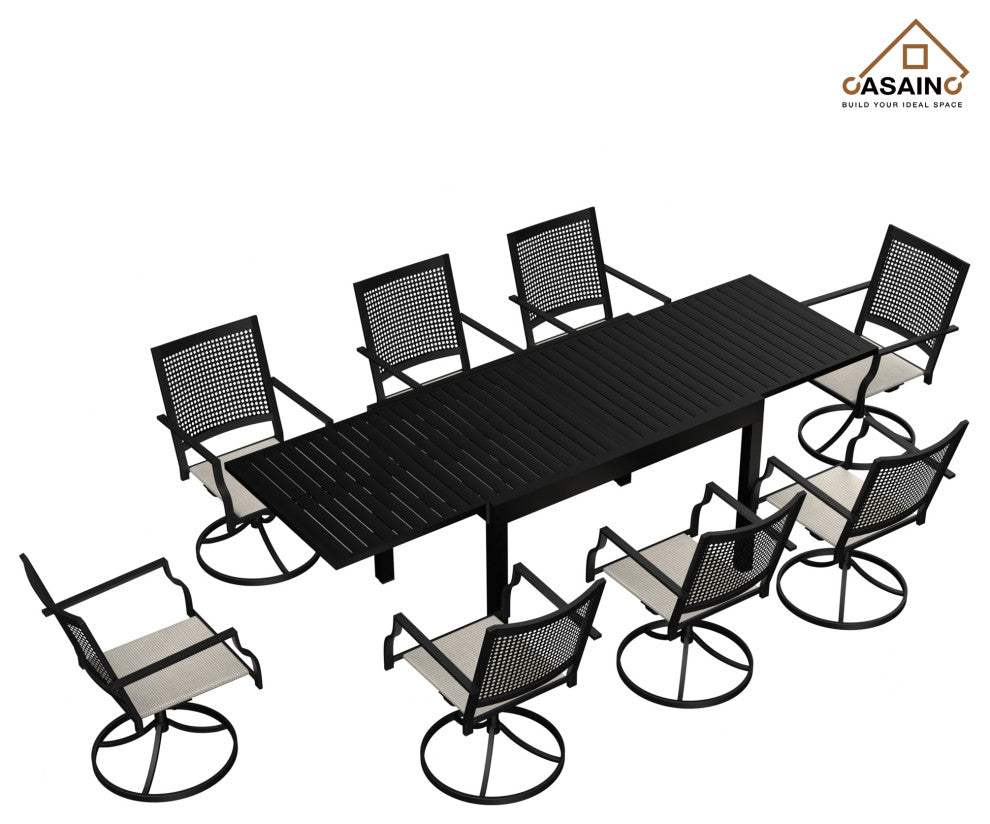 9 Piece Metal Frame Patio Dining Set, Aluminum Extendable Dining Table