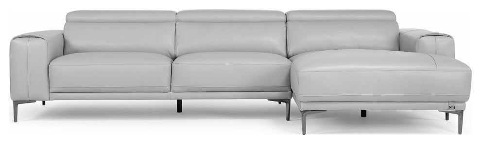 Rousso Grey Leather Sectional with Ratcheting Headrests, Right Chaise