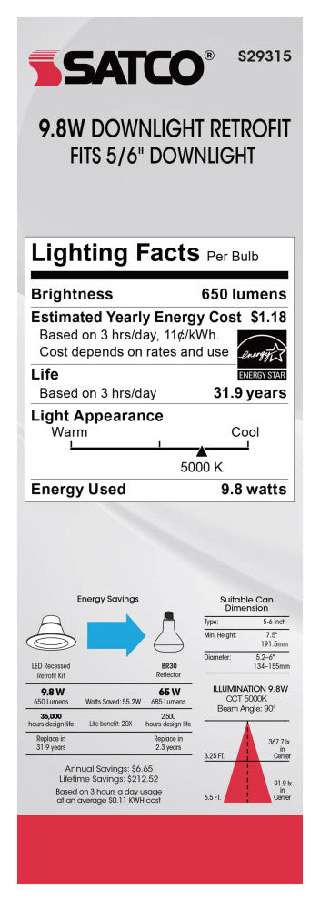 9.8 Watt LED Downlight Retrofit - 5 - 6" - 5000K - 120 Volt