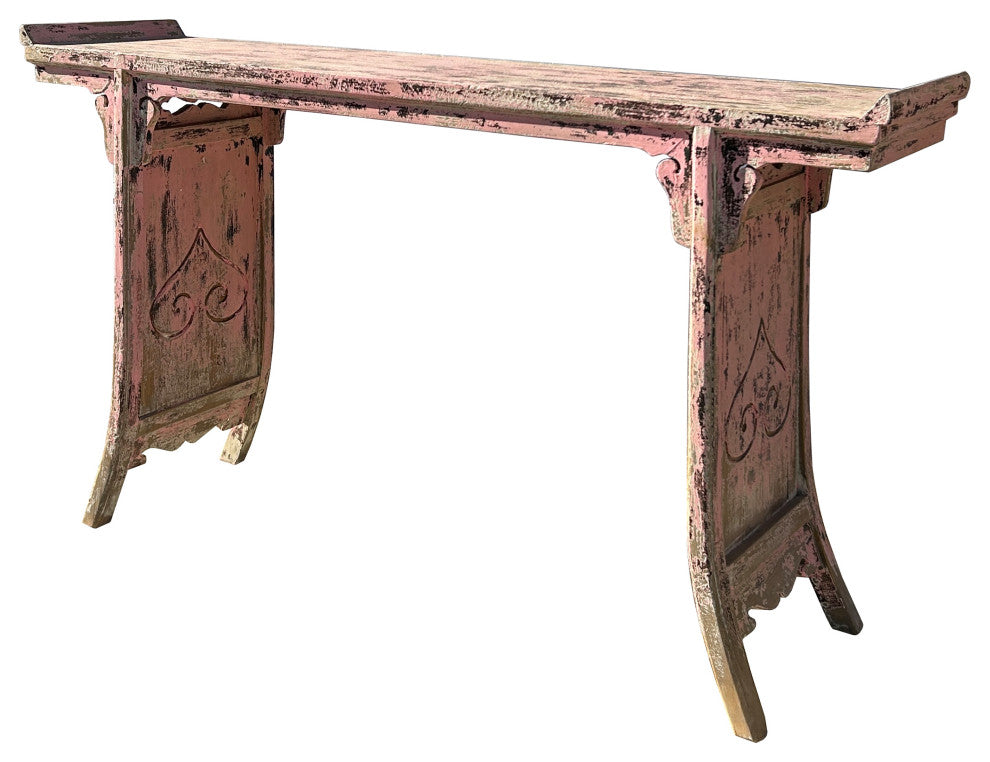 Vintage Chinese Distressed Pink Flare Legs Console Altar Table Hws4390