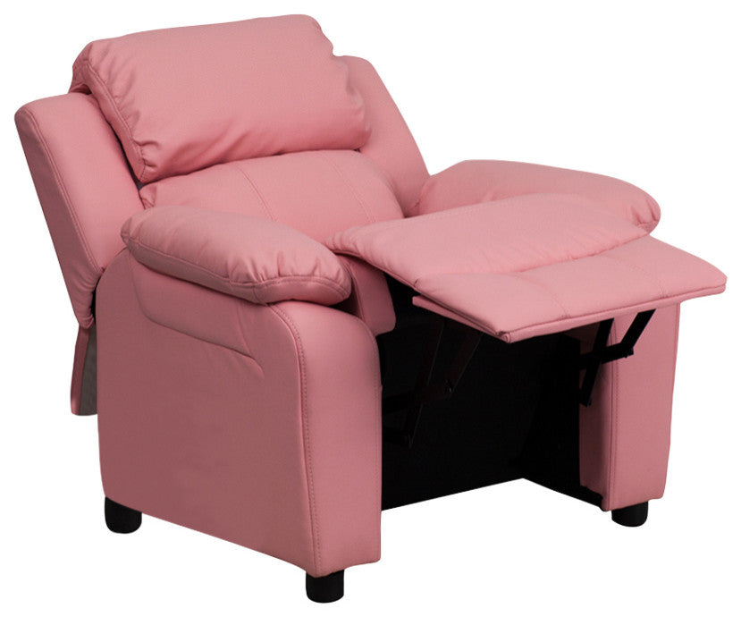 Deluxe Padded Contemporary Pink Vinyl Kids Recliner With Storage Arms