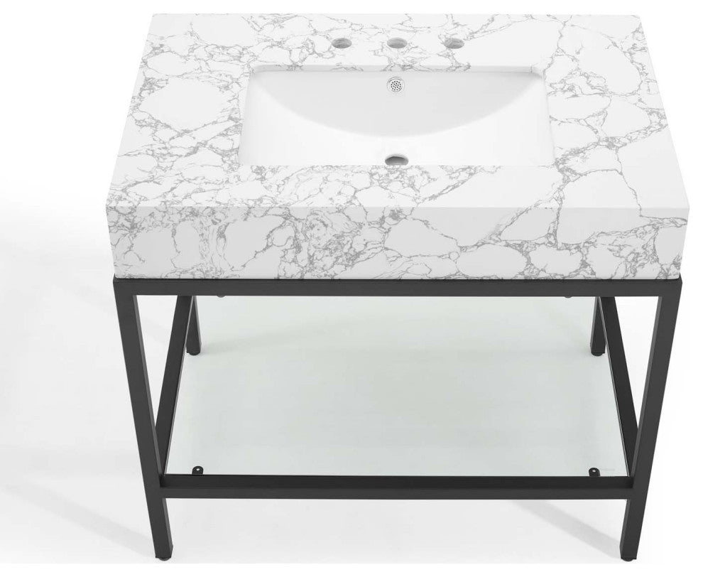 Sink Vanity Cabinet, Artificial Marble, Metal, Black White, Modern, Bathroom