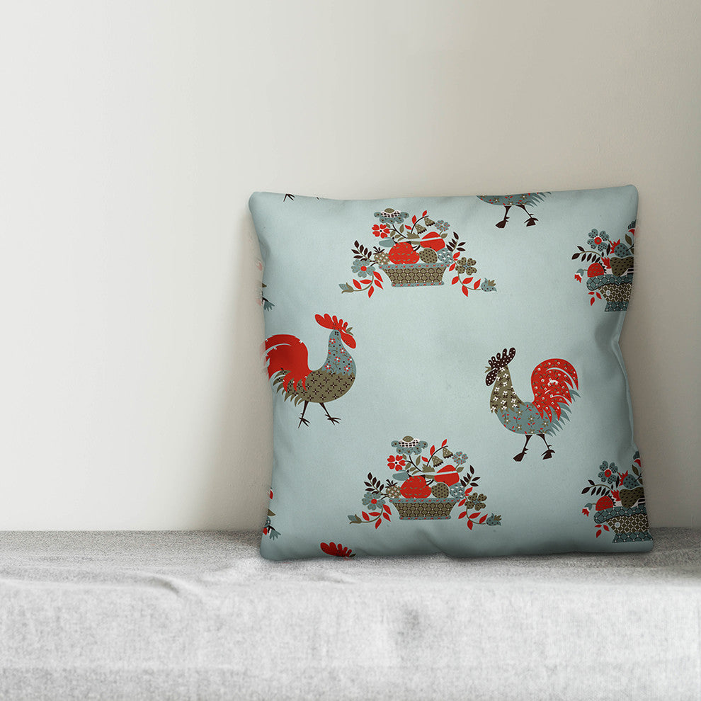 Rooster Pattern, Blue Throw Pillow, 20"x20"