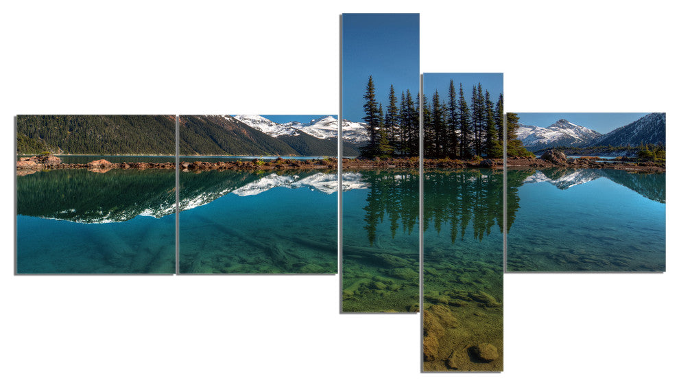 Row of Pine Trees and Mountain Lake, Landscape Canvas Print, 60"x32", 5 panels