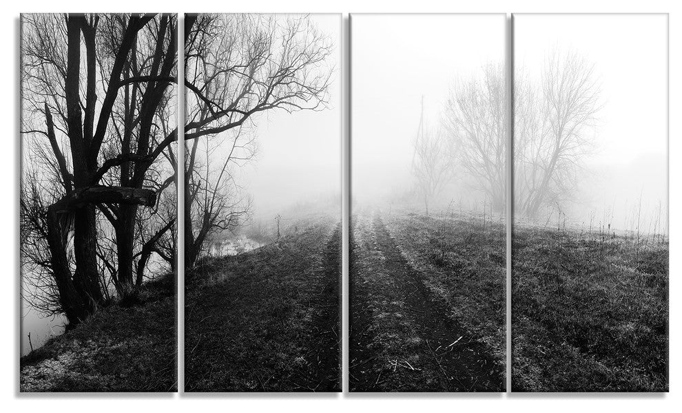 "Black And White Misty Landscape Panorama" Landscape Wall Art, 4 Panels, 48"x28"