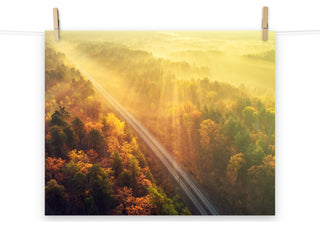 Sunrise Railroad Though Misty Forest Landscape Photo Loose Wall Art Prints, 16" X 20"