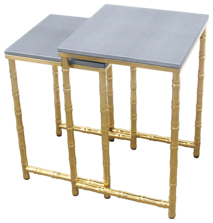 Bamboo Leg Nesting Tables, Faux Shagreen With Gold Metal, 2 Piece Set