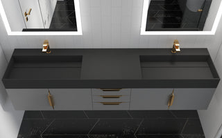 CastelloUSA Amazon 84" Wall Mounted Vanity Set, Gray, Black Top, Gold Handles