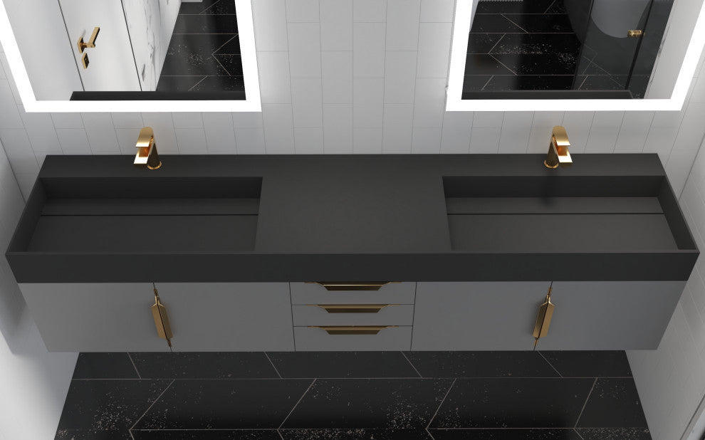 CastelloUSA Amazon 84" Wall Mounted Vanity Set, Gray, Black Top, Gold Handles