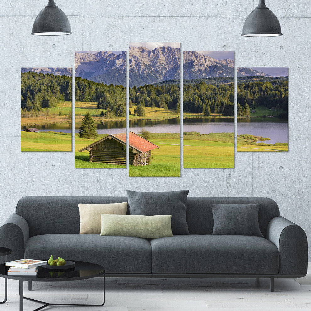 Bavaria with Mountains and Lake, Landscape Canvas Art Print, 60"x32", 5 Panels