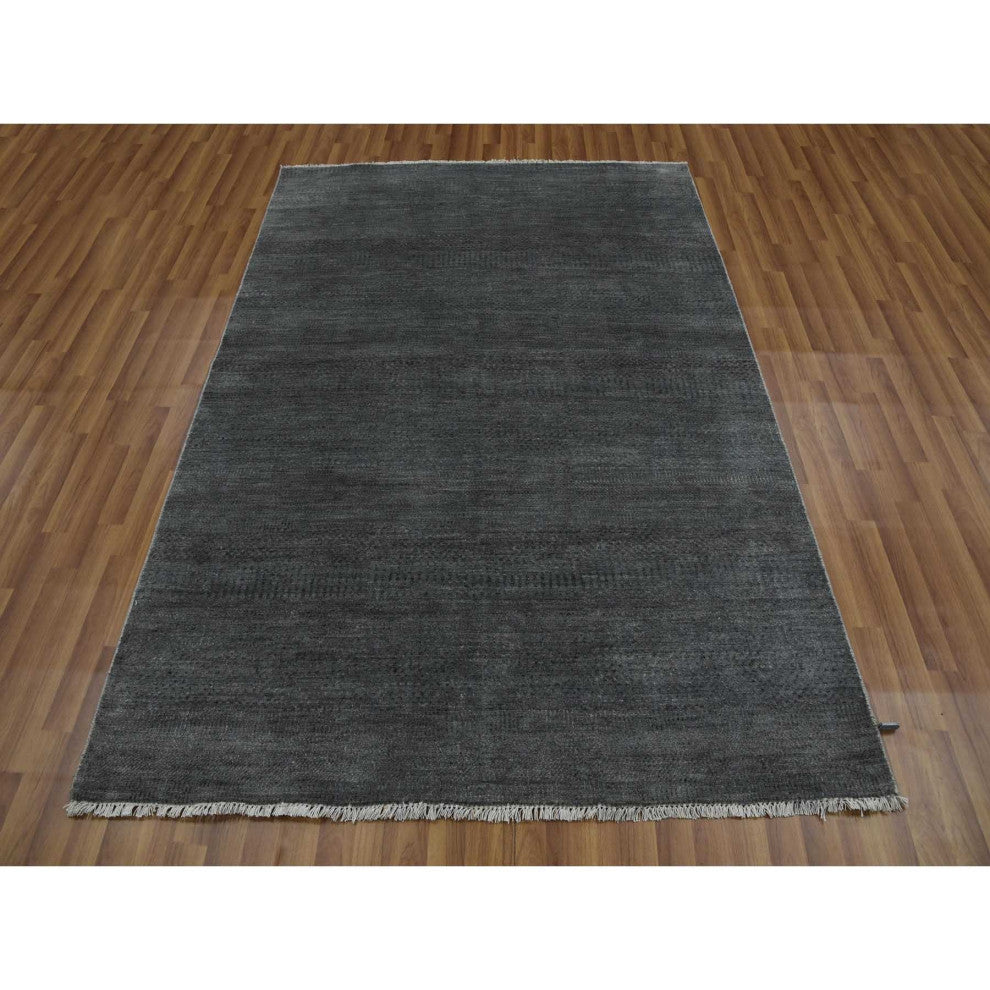 Gray, Hand Knotted Grass Design, Densely Woven, Wool and Silk Rug, 5'1"x7'1"