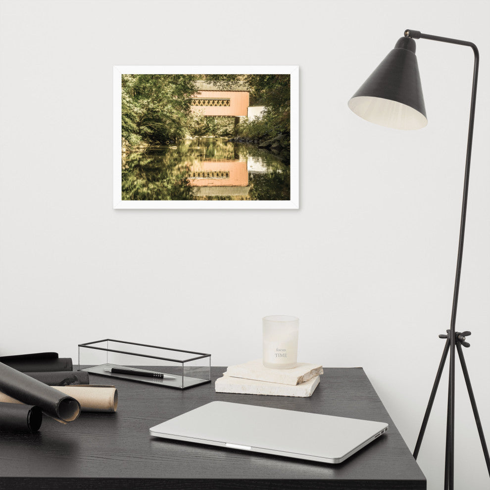 The Reflections of Wooddale Covered Bridge Aged Framed Photo Wall Art Print, White, 12" X 16"
