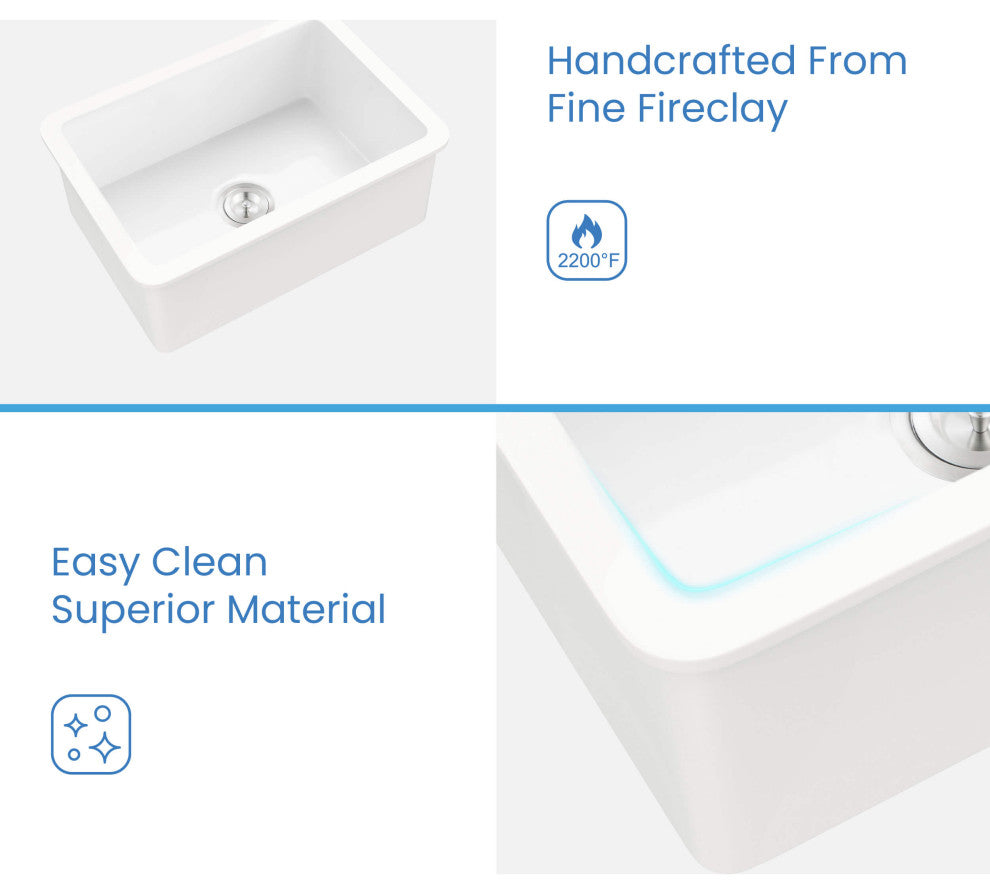 White Fireclay Farmhouse Undermount Kitchen Sink, Bottom Grid and Strain, 27"