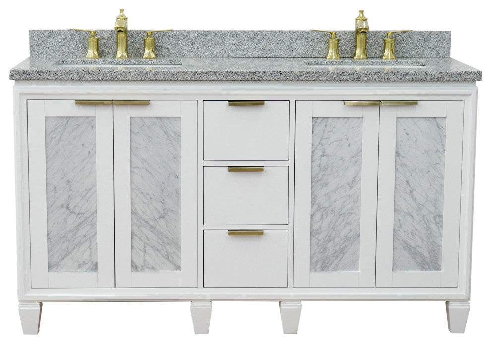 61" Double Sink Vanity, White Finish With Gray Granite And Rectangle Sink