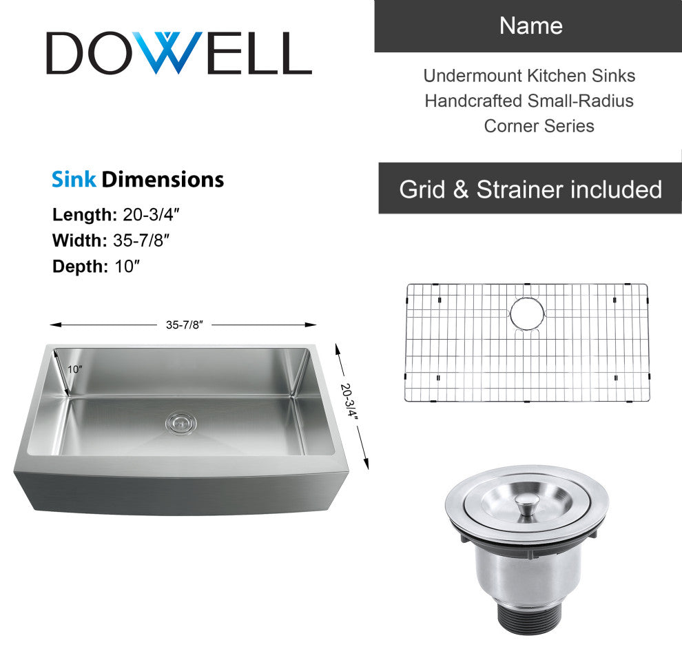 Dowell Apron Farmer Undermount Single Bowl Stainless Kitchen Sink - Small Radius, 33w X 16l X 9d