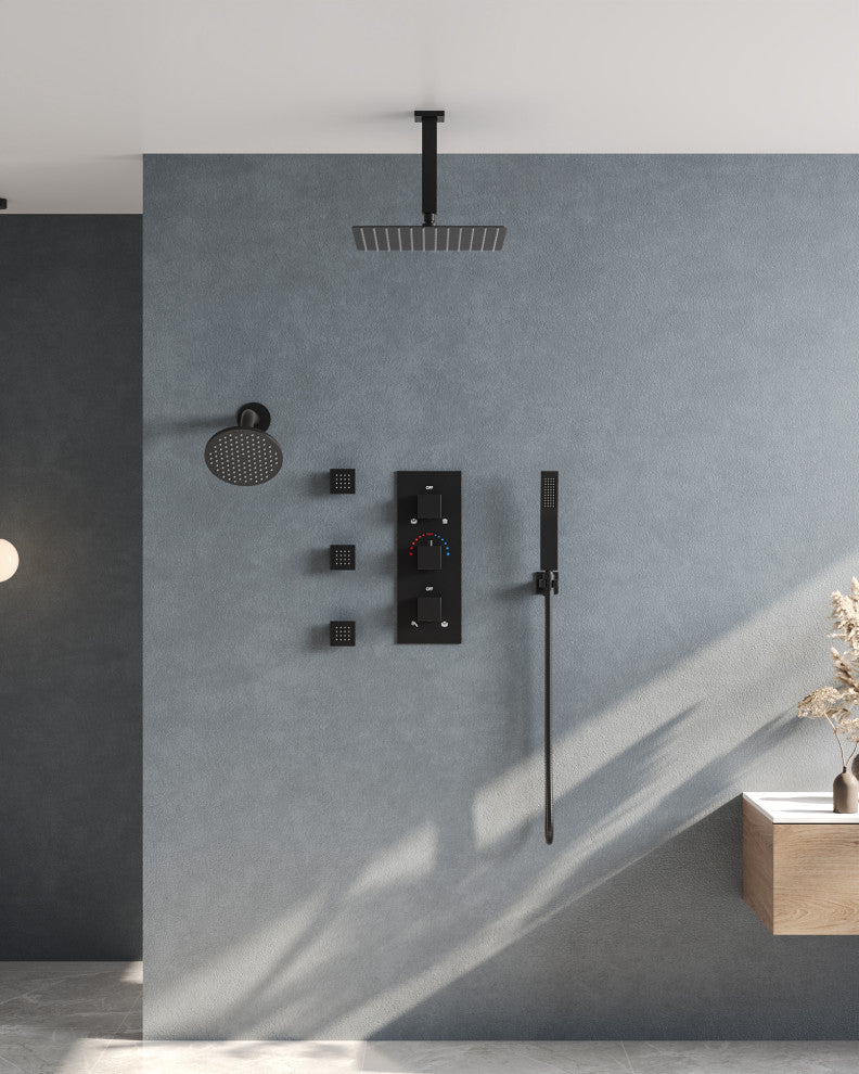 Thermostatic Dual Heads 12" Rainfall Shower System With 3 Body Jets, Matte Black