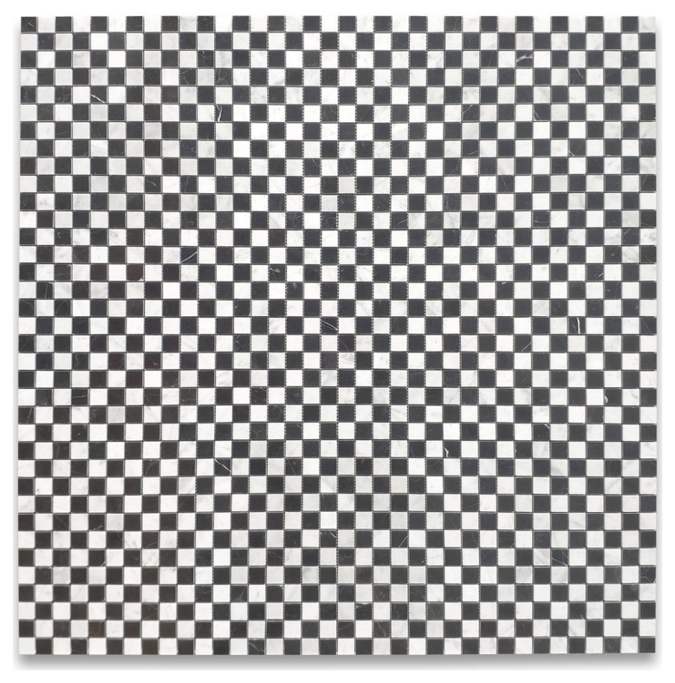 Carrara White Nero Marquina Marble 1x1 Checkerboard Mosaic Tile Polish, 1 sheet