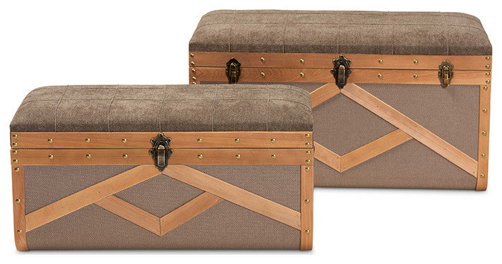 Brown Fabric Upholstered and Walnut Wood 2-Piece Storage Ottoman Trunk Set