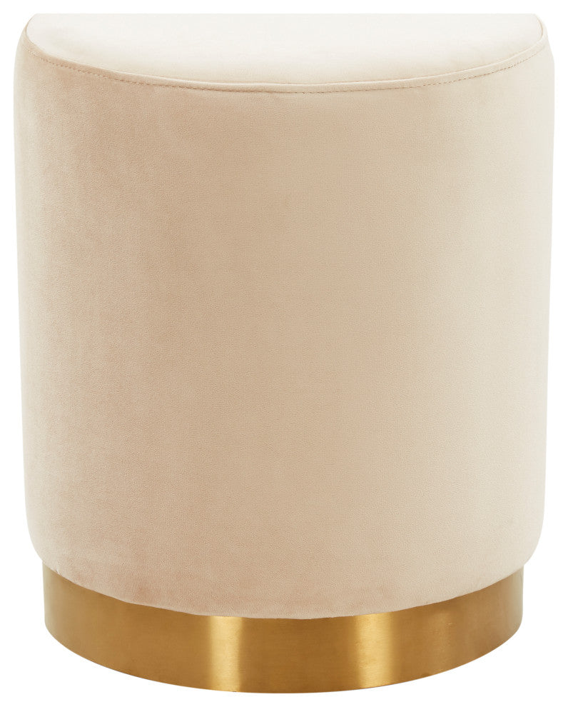 LeisureMod Remmey 16" Round Velvet Ottoman With Gold Base Beige