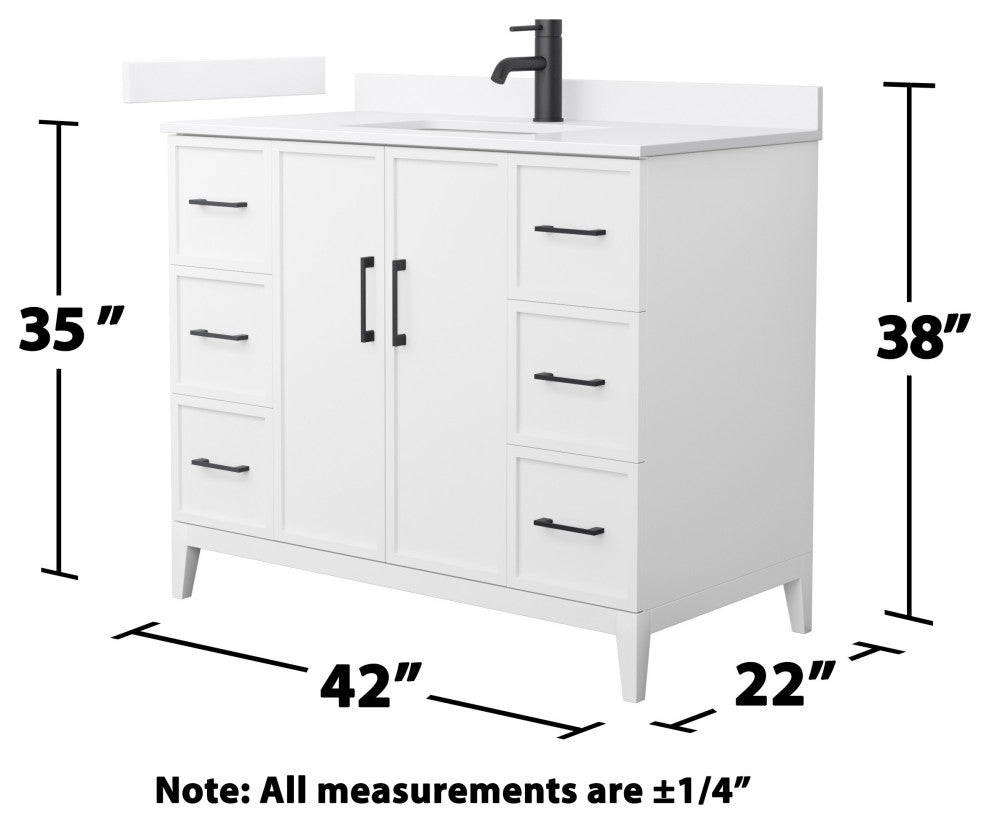 Elan 42" Single Vanity, White, White Quartz Top, 1-Hole, Black Trim