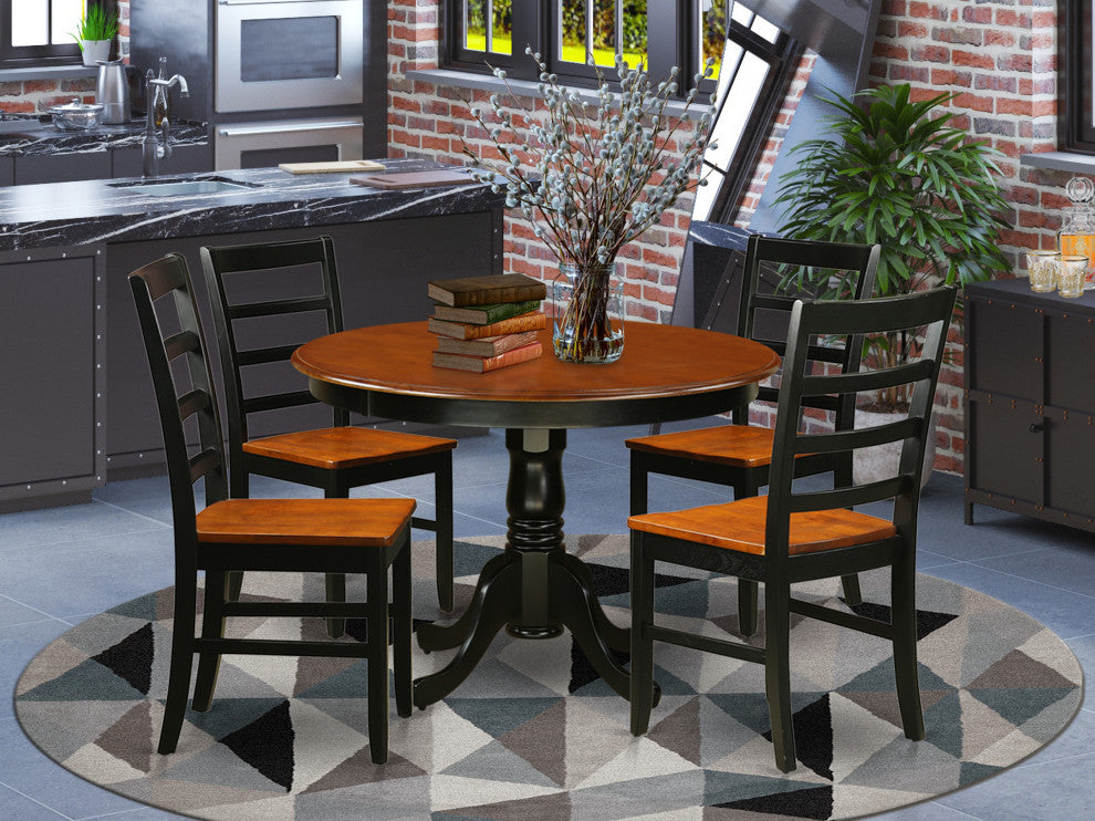 5 Pc Set, Round Dinette Table And 4 Leather Kitchen Chairs In Black And Cherry
